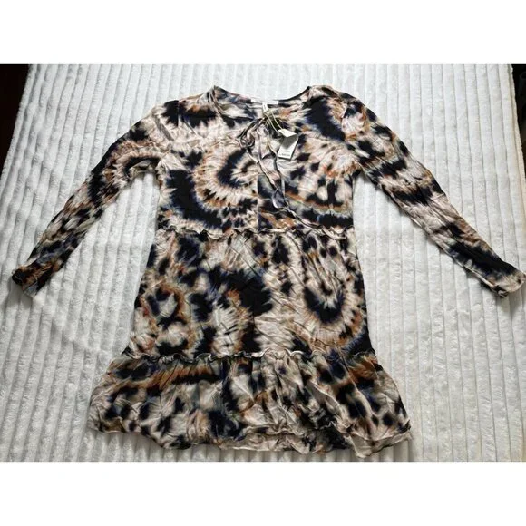 NWT BCBGeneration Boho Peasant LS Black Beige Blue Tie Dye SZ Large - Picture 3 of 10